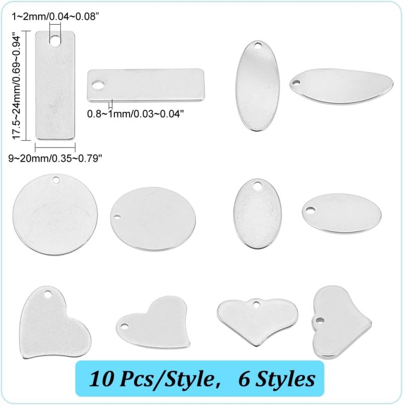304 Stainless Steel Stamping Charms 60pcs Stamping Tag Pendants Stamping Blank Tags 6 Style Stamping Blank Tags Heart Round Metal Tag for Bracelet Necklace Jewelry DIY Craft Gift Making - Image 2