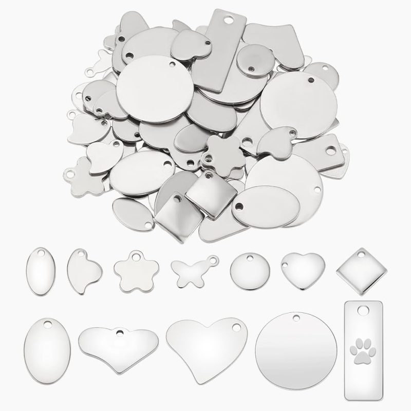 72pcs 304 Stainless Steel Stamping Charms 12 Style Stamping Tag Pendants, Metal Keychain Blanks Tags Heart Round Stamping Tag for Bracelet Necklace Jewelry Making DIY Craft Gift