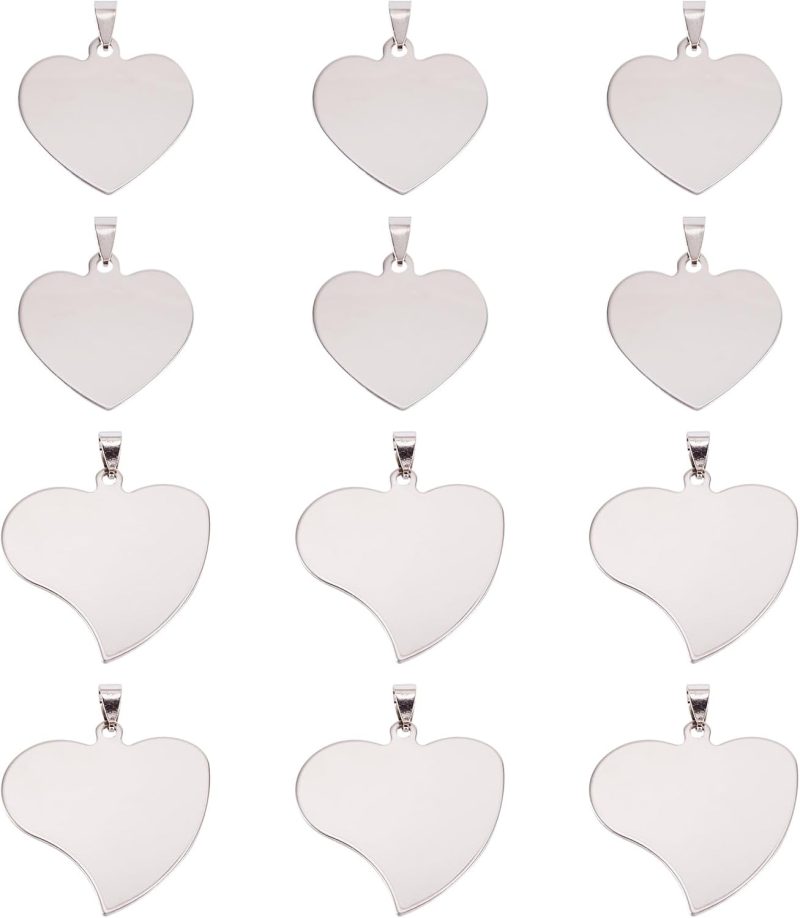 12Pcs Stainless Steel Heart Stamping Blank Tag Pendants 2 Styles Metal Love Heart Charms Keychain Blanks Laser Engraving for Name Message Word Tag