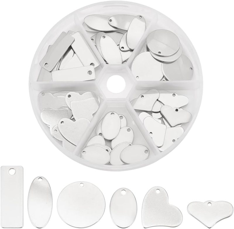 304 Stainless Steel Stamping Charms 60pcs Stamping Tag Pendants Stamping Blank Tags 6 Style Stamping Blank Tags Heart Round Metal Tag for Bracelet Necklace Jewelry DIY Craft Gift Making