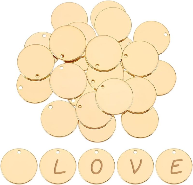 24 PCS 18K Gold plated Flat Round Shape Blank Pendants Stamping Blanks for Festival Gift DIY Bracelet Earring Charms, Dog Tags - 16mm in diameter