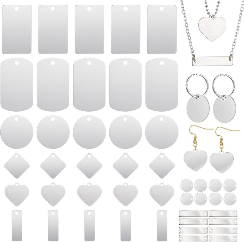 50 Pcs Mixed Laser Engravable Blanks Stainless Steel Stamping Blanks Including Round Rectangle Heart Pendants Charms for Necklace Bracelet Earrings ID Tags DIY Crafts
