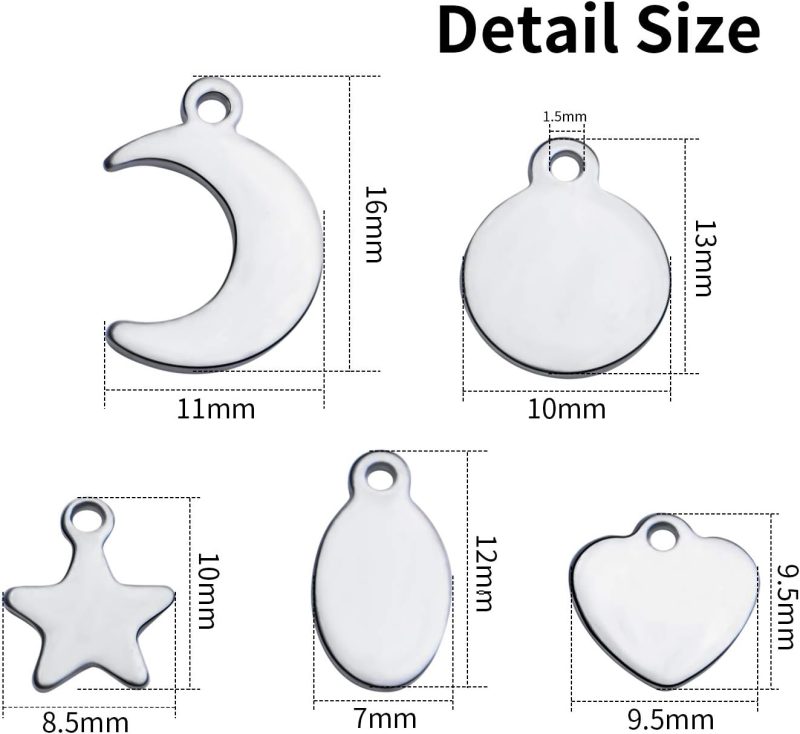 Tag Pendants, 50pcs Stainless Steel Tag Pendants Charms Blank Stamping Flat Mixed Shapes Metal Tag Pendants for Bracelet Necklace Earring DIY Jewelry Making - Image 2