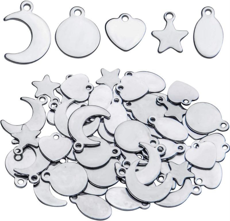 Tag Pendants, 50pcs Stainless Steel Tag Pendants Charms Blank Stamping Flat Mixed Shapes Metal Tag Pendants for Bracelet Necklace Earring DIY Jewelry Making