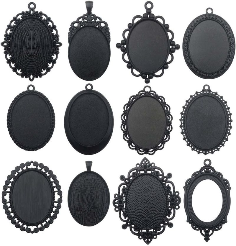 10pcs 30x40mm Black Pendant Trays, Blank Glass Cabochons Dome Base Setting Bezel Frame Cameo Metal Alloy Charms for Jewelry Making DIY Findings (HM117)