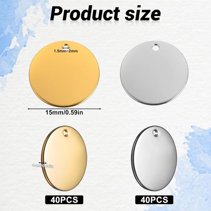 80Pcs Metal Stamping Blanks Stainless Steel Charms Metal Charms Flat Round Charms Blank Stamping Tag Charms Smooth Polished Flat Disc Pendants for Bracelet Earring Necklace Chain Jewelry Making(15mm) - Image 2