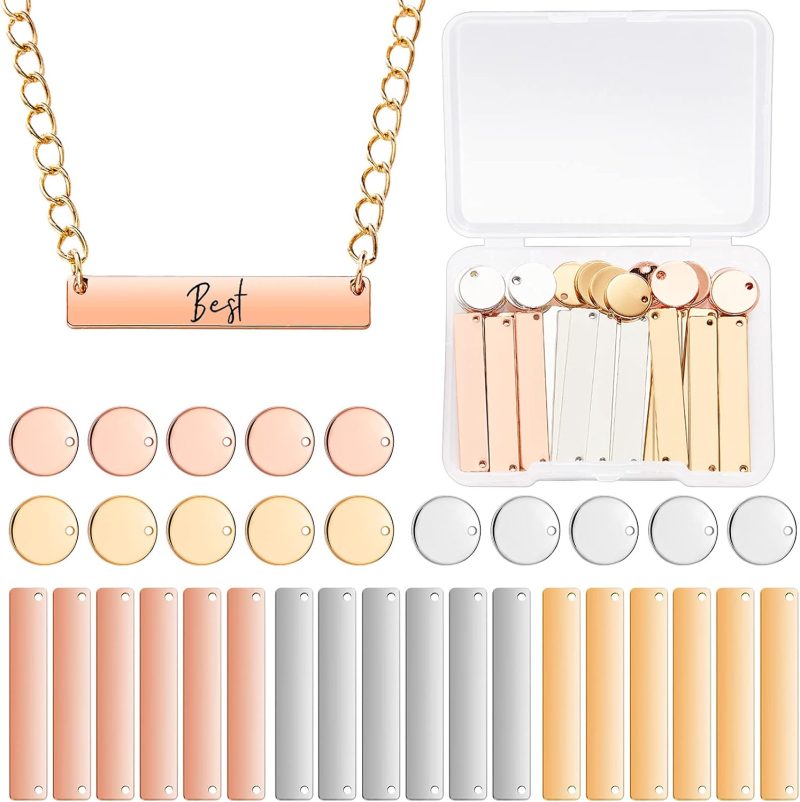 30 Pcs Metal Stamping Blank Tag Pendants for Jewelry Engraving Includes 15 Rectangle Stamping Blank Bar Charms Brass Tag1.37 x 0.24, 15 Round Name Pendant 0.47"