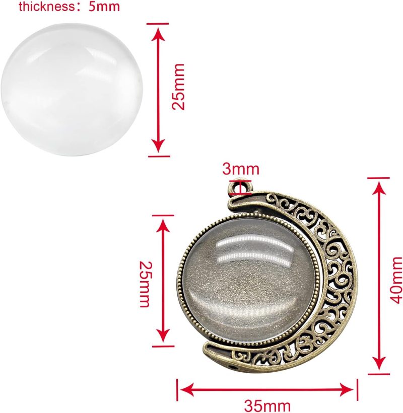 30Pcs 10Sets Moon Rotation Double Side Pendant Trays,10Pcs 25 mm Moon Rotation Alloy Double-Sided Trays Pendants with 20Pcs Glass Cabochons Clear Dome for DIY Making (Silver and Bronze) - Image 2
