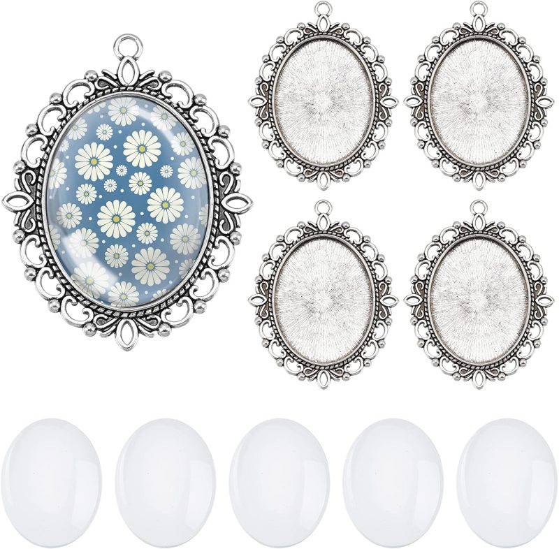 Pendant Trays Set Wedding Bouquet Photo Charms Antique Silver Memory Charm Pendant Bezels Cabochon Blanks Settings 30x40mm Oval Glass Cabochon for Jewelry Making Wedding Graduation 5Sets