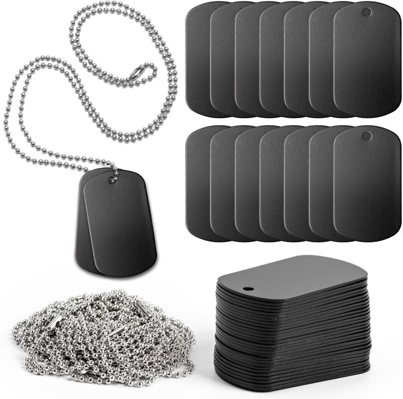 30 PCS 2 X 1inch Stamping Blank Dog Metal Tags Aluminum Label Pendants Shield Shape with 30 Chain Necklaces Hip Hop Style Pet Name Number Mark Personalized DIY Craft Black